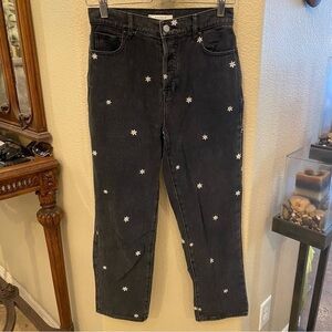PACSUN Dark Gray Button Fly Floral Embroidery High Rise Straight Jeans Size 25
